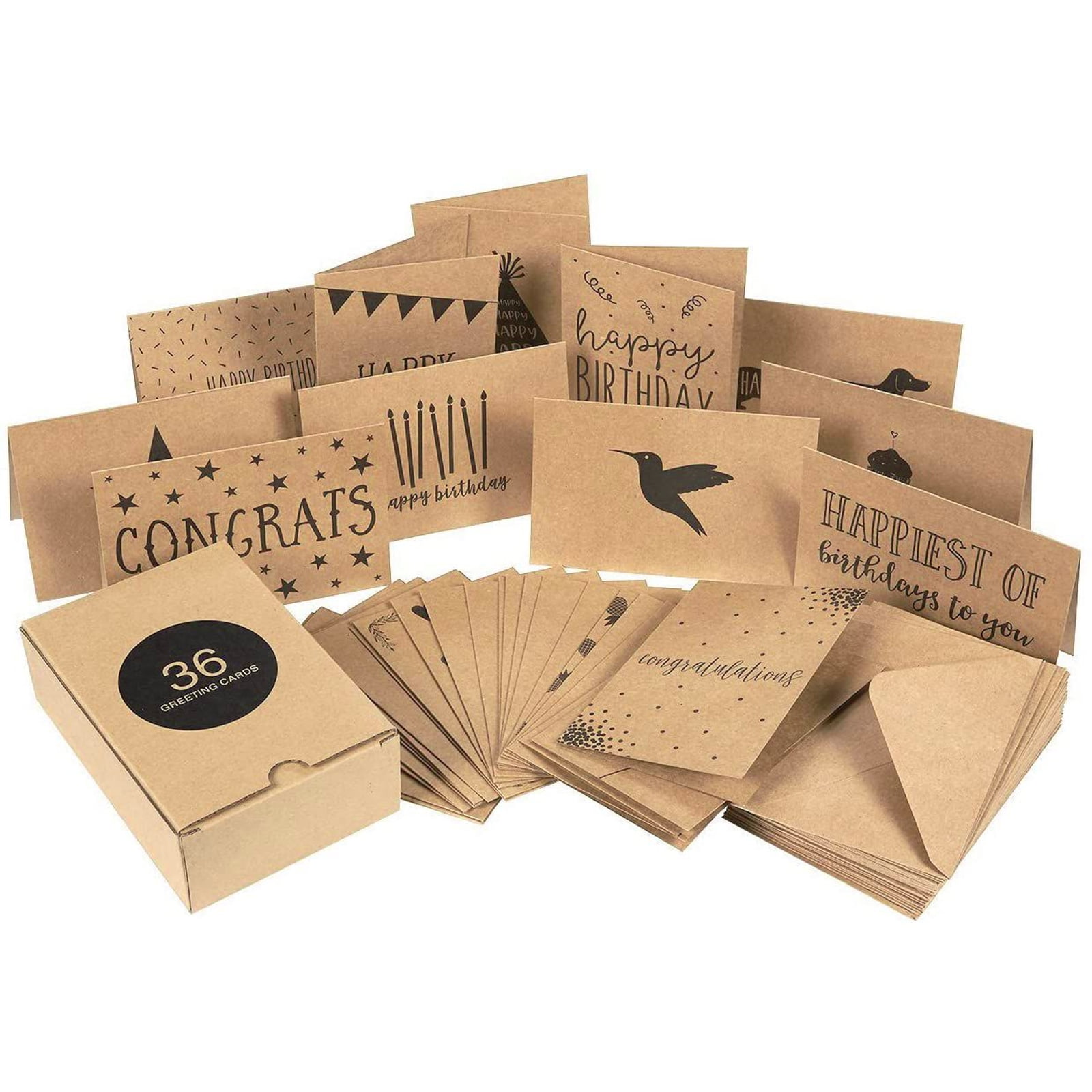 36 Pack Kraft Assorted Greeting Cards with Envelopes Box Set for All Occasions, 36 Designs, 4x6 inches