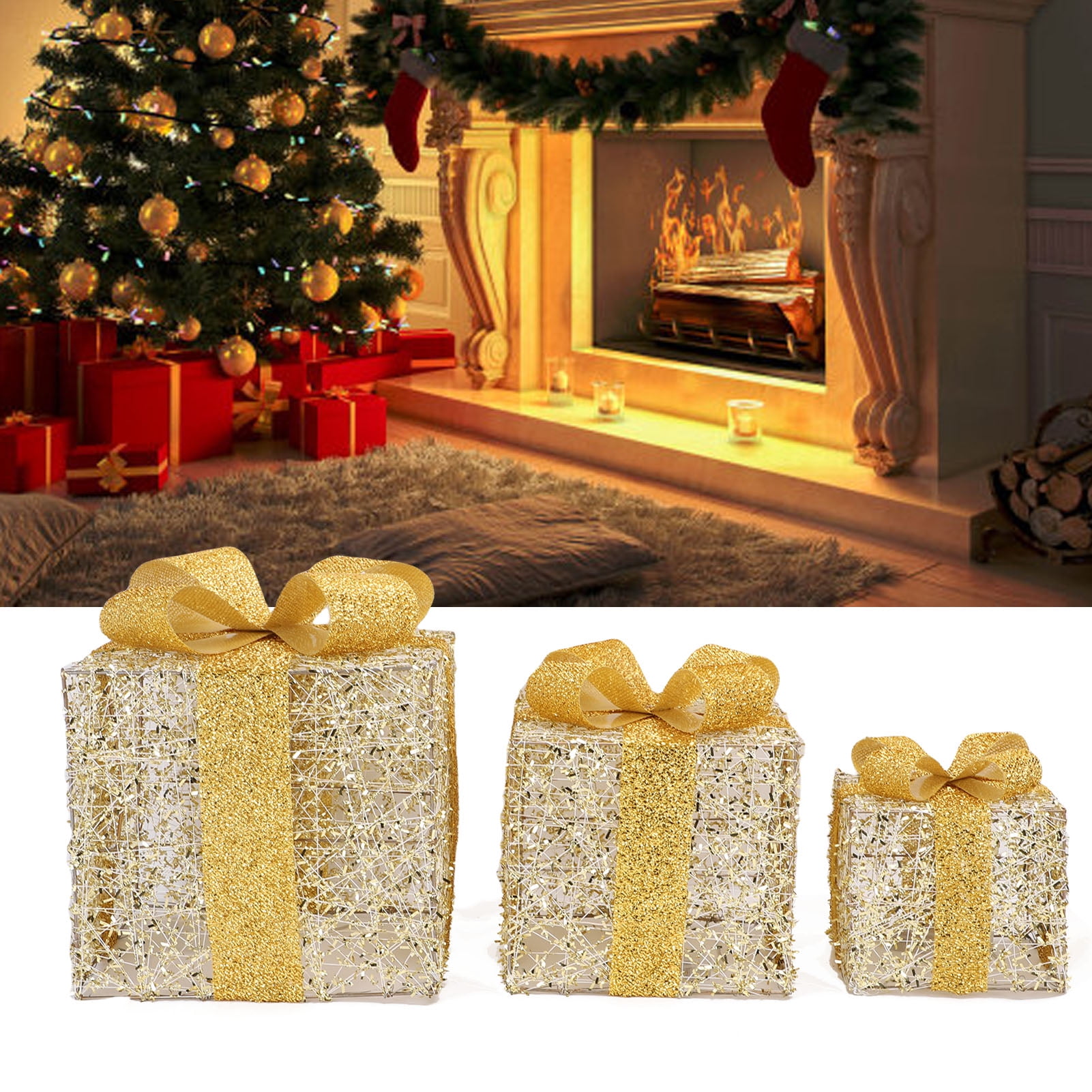 3-Piece Lighted Gold Iron Christmas Gift Box Decor - Battery-Powered String Light Xmas Present Boxes with Sequin Bow for Tree Skirt Yard Porch Holiday Decor