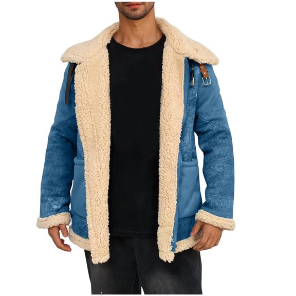 Lovskoo Men Winter Jacket Lined Sherpa Jacket Casual Patchwork Turndown Collar Warm Trucker Coat Multi Pocket Zipper Coat Blue