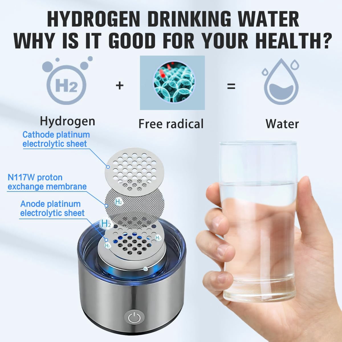 H2next Hydrogen Water Bottle, Hydrogen Water Generator with SPE & PEM Technology, Portable, 14.2 OZ, Silver
