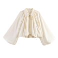 thumbnail image 2 of Sewkxo Womens Cropped Puff Sleeve Bomber Jacket Lapel Collar Pleated Full Zip Coat Spring Loose Fit Trendy Outerwear,Beige S, 2 of 8