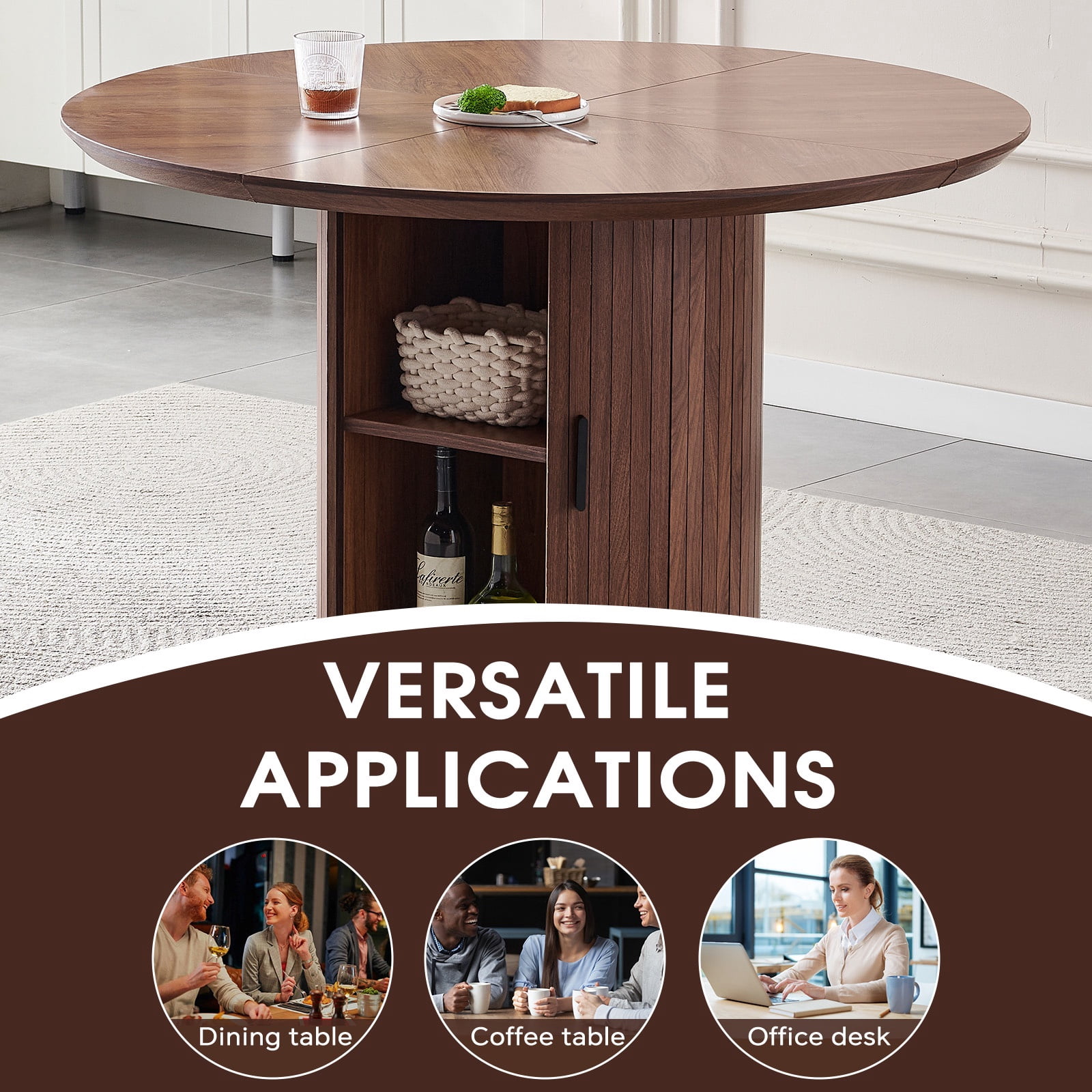 Round Dining Table for 4-6, PAPROOS 47'' Large Wood Kitchen Table, Dining Room Table with Storage & Wide Tabletop, Circle Dining Table Dinner Table for Kitchen Dining Room, Brown(Only Table)