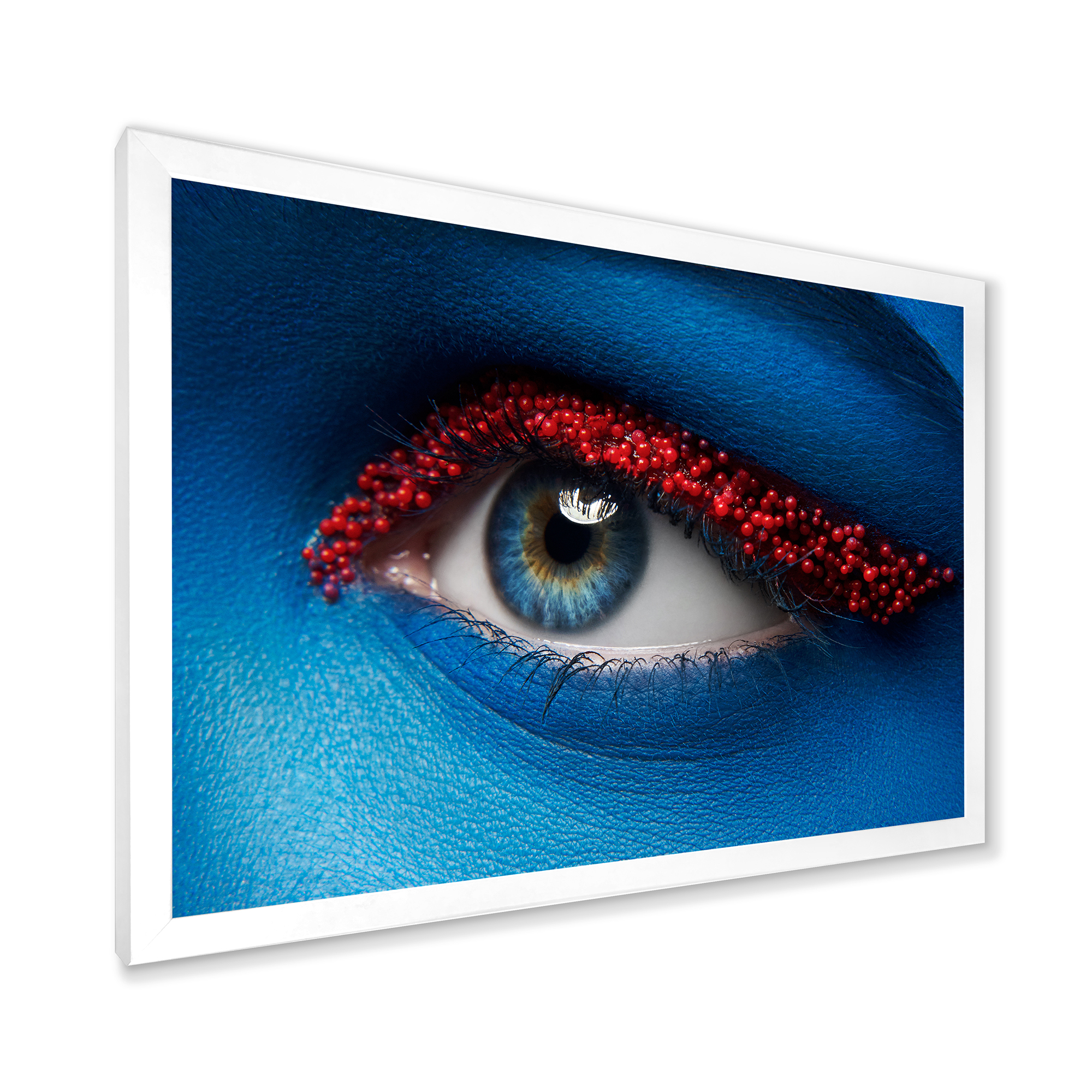 Designart 'Woman Eye With Blue Paint On Face & Red Balls' Modern Framed Art Print