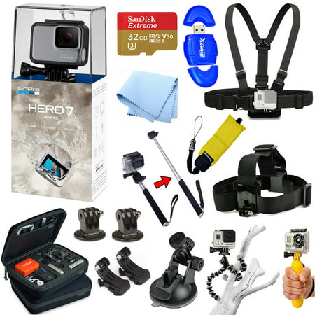 GoPro HERO7 HERO 7 White Edition All In 1 PRO ACCESSORY KIT with 32GB Micro SD, Head Strap, Chest Strap, Monopod/Selfie Stick, Medium Case, Tripod + (Best Gopro For A Kid)