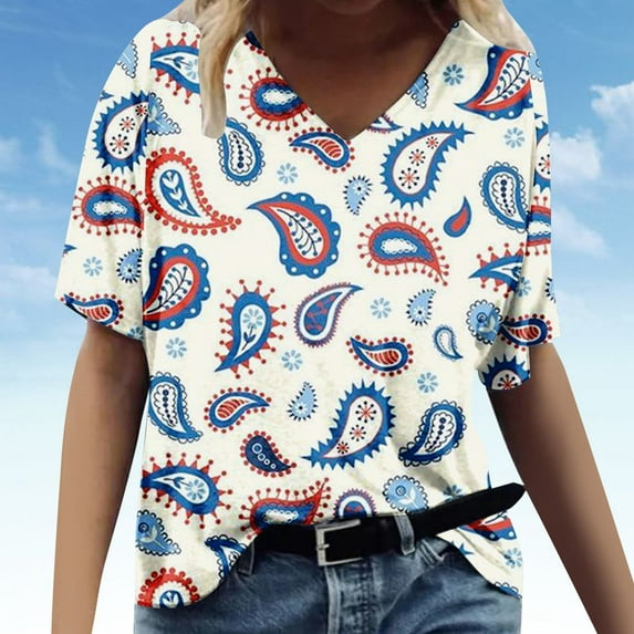 Lilgiuy Basic V Neck Tops for Women Middle Sleeve Casual Loose Blouse Print Summer T-Shirt