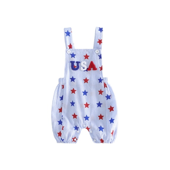 Cenuakty Baby 0-18M Boy 4th of July Romper Letter Embroidery Stars and Stripes Print Sleeveless Suspender Jumpsuit Overalls
