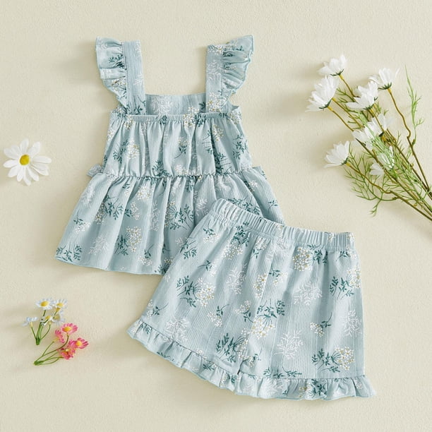 Conjuntos de camiseta sin mangas con cuello redondo para niña, conjunto de dos piezas de poliéster, informal, sin mangas, con estampado floral y pantalones cortos