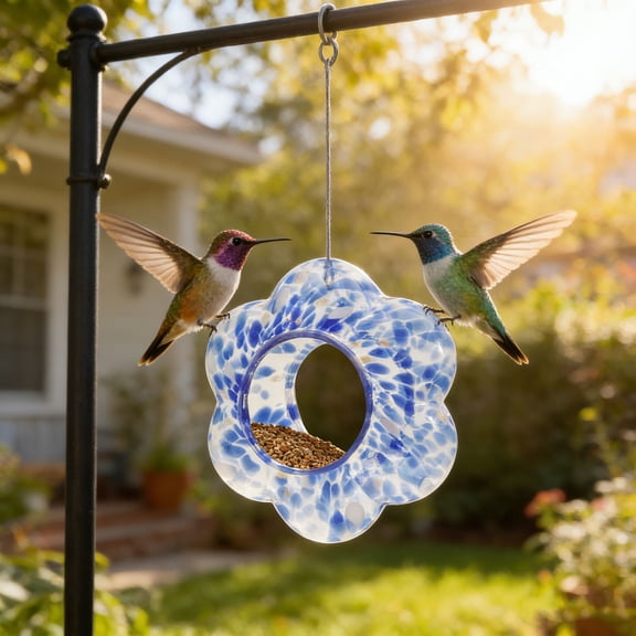 Hometravel Flower Shaped Stained Glass Hummingbird Feeder, Hand Painted Polka Dot Glass, Outdoor Garden Feeder with Perch