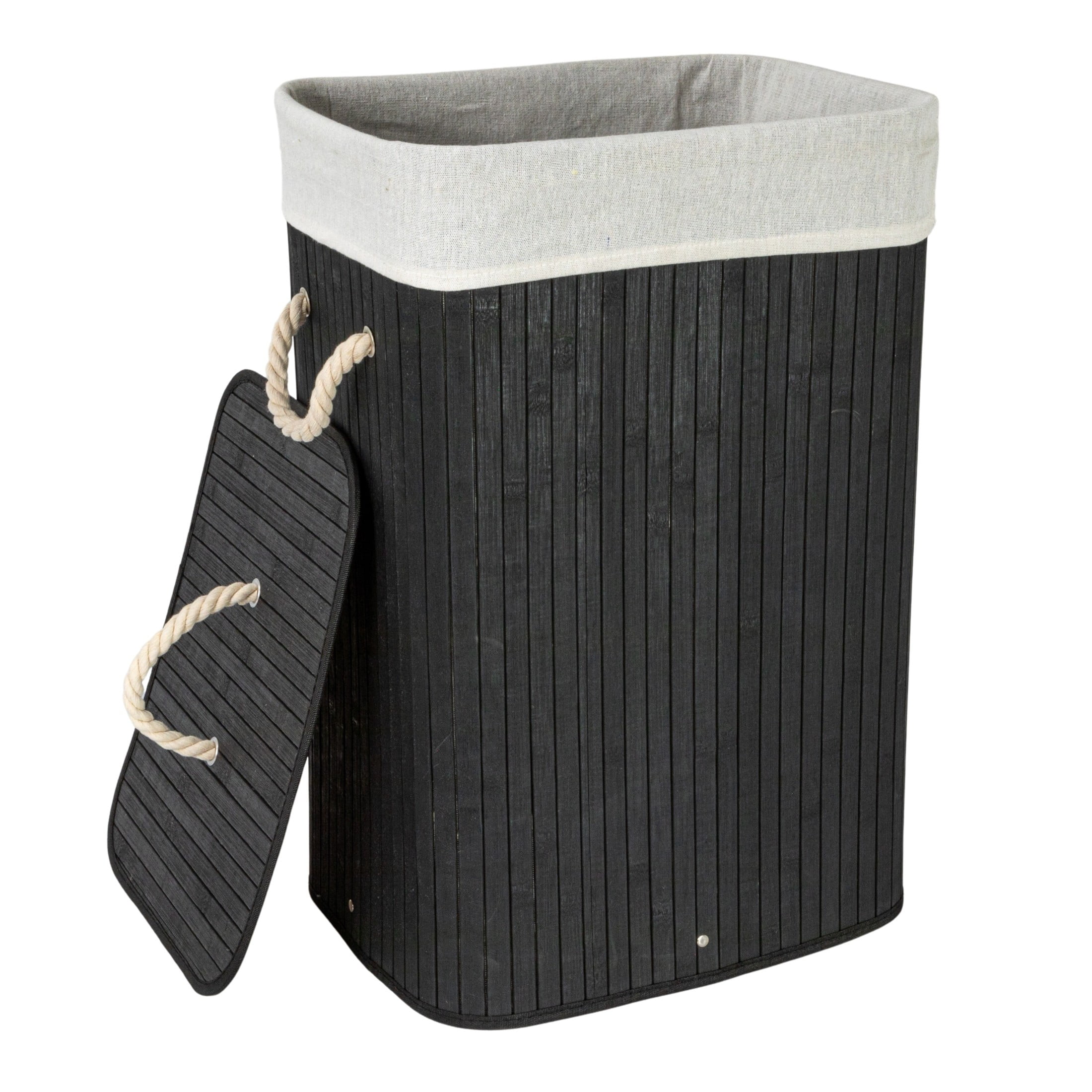 Household Essentials Bamboo Laundry Hamper with Rope Handles, Lid and Removable Machine Washable Laundry Bag, 19-Gallons, Black
