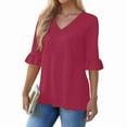 thumbnail image 2 of Ltctricy Women's Tops Summer Fall Fashion 3/4 Length Ruffle Sleeve V Neck Loose Tunic T Shirts Casual Tee Blouses(Wine,XX-Large), 2 of 7
