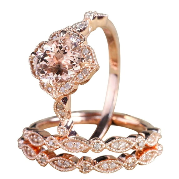 2.25 carat Morganite Diamond Trio Bridal Ring Set 10k Rose Gold, 1 Engagement Ring 2 Wedding Bands