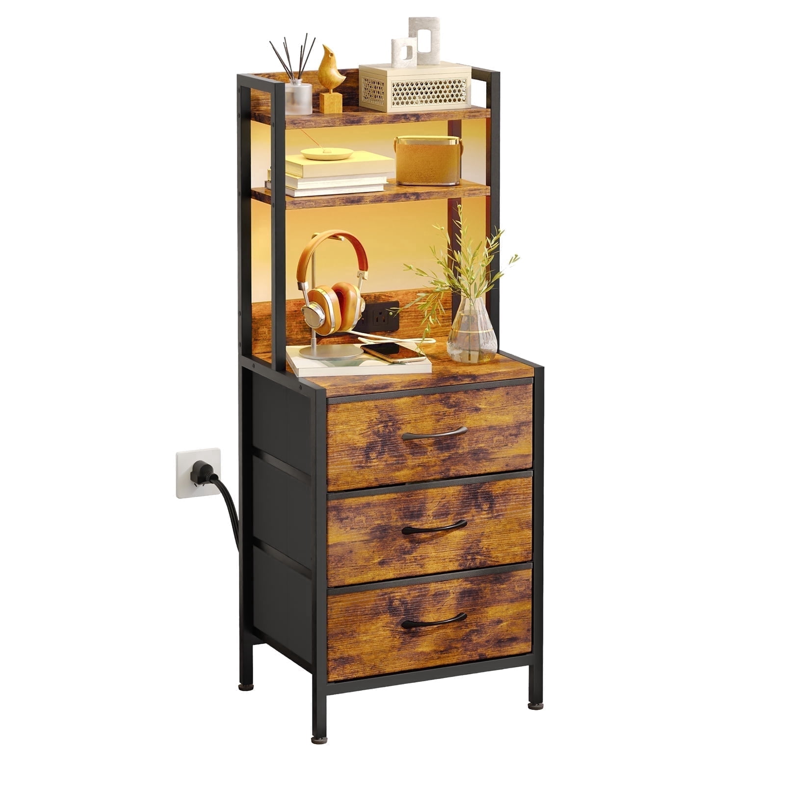 TOMNK Tall Nightstand with Charging Station and LED Lights, Bedside Table with Drawers and Bookshelf, Rustic Brown