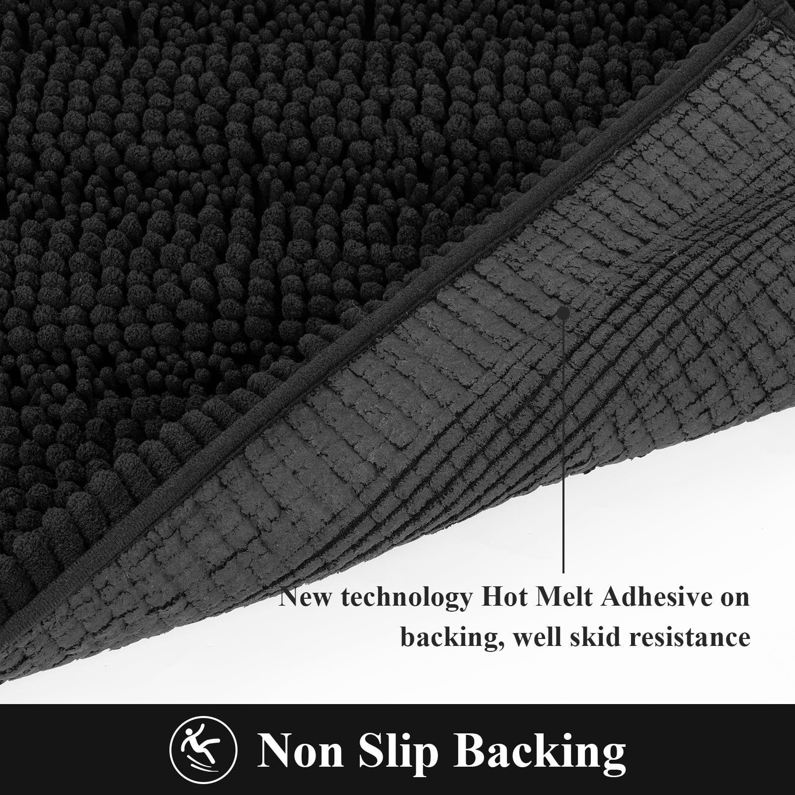 Ileading Ultra Soft Bathroom Rug Set 3 Pieces, Non Slip Thick Chenille Striped Bath Mat, Absorbent Plush Shaggy Bath Rugs for Bathroom, Black