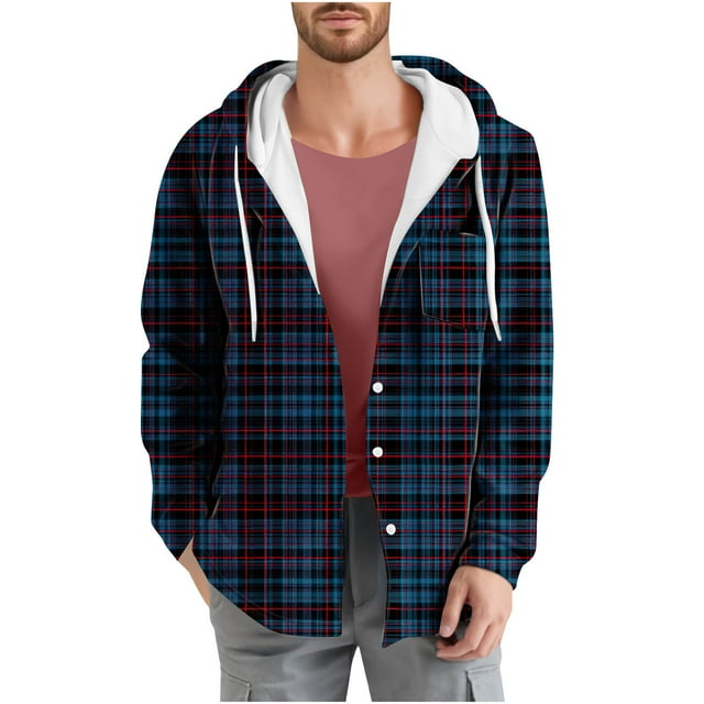 WRKEKC Mens Plaid Jacket Printed Button Drawstring Pockets Long Sleeve Hooded Casual Sweatshirt Jacket Outerwear for Men