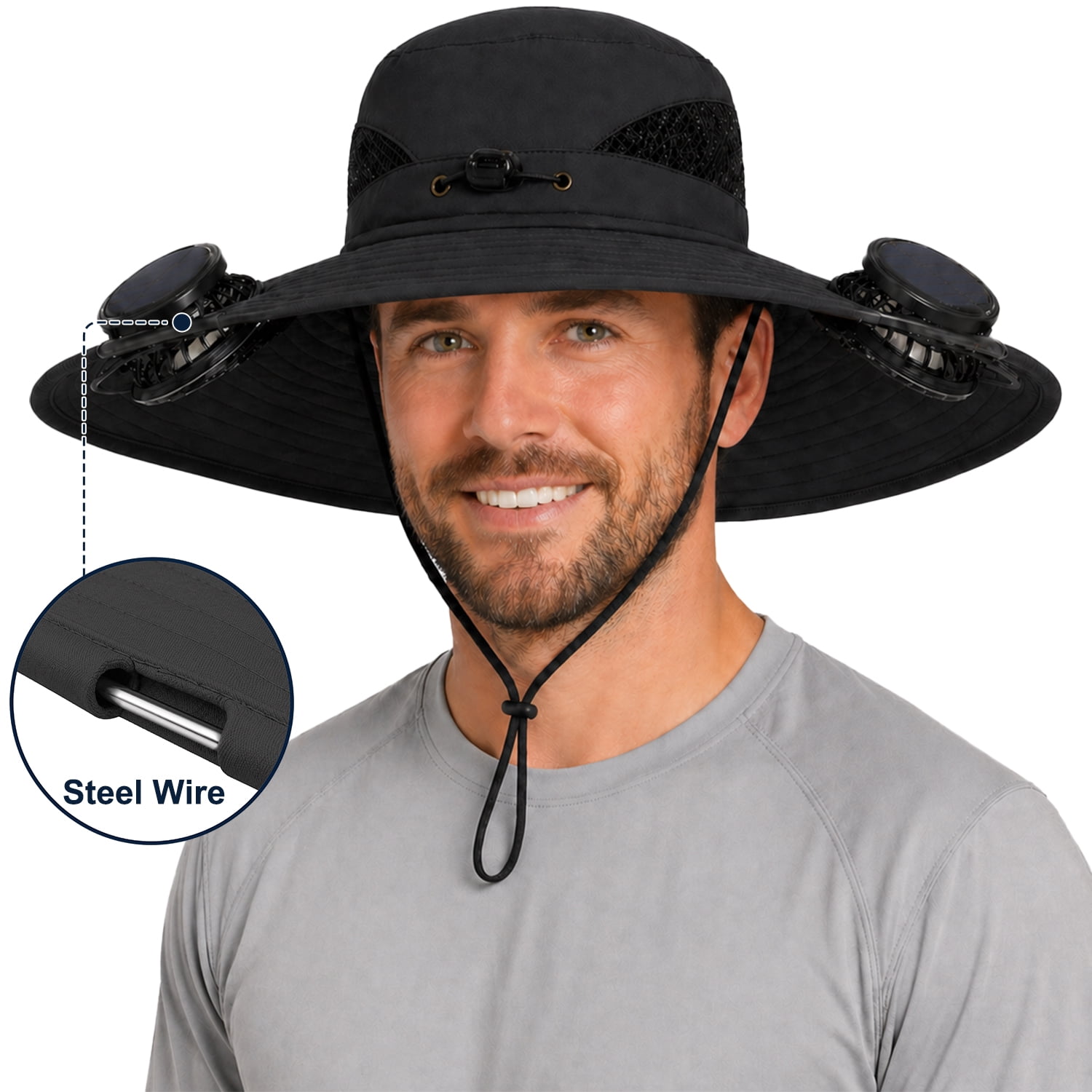 LOMYOLO Sun Hats for Men Women with 2 Solar Fans Wide Brim Fans Fishing Hat Water Resistant Breathable Mesh Outdoor Fishing Hiking Camping Hat with Adjustable Chin Strap