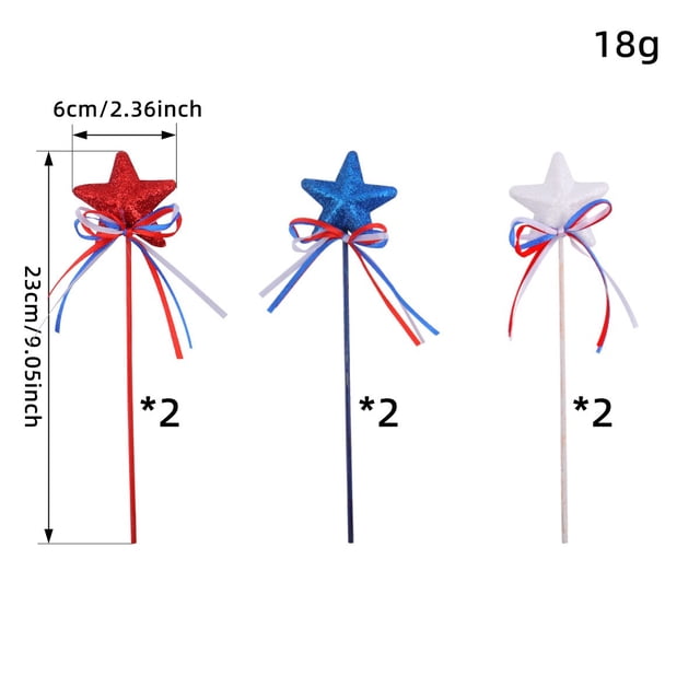 Decoraciones de varita de estrella de cinco puntas del Día de la Independencia | Rojo, Blanco, Azul, Nudo de Mariposa, Estrellas | Palos de rama de fiesta multiusos con lazos de satén | Plástico
