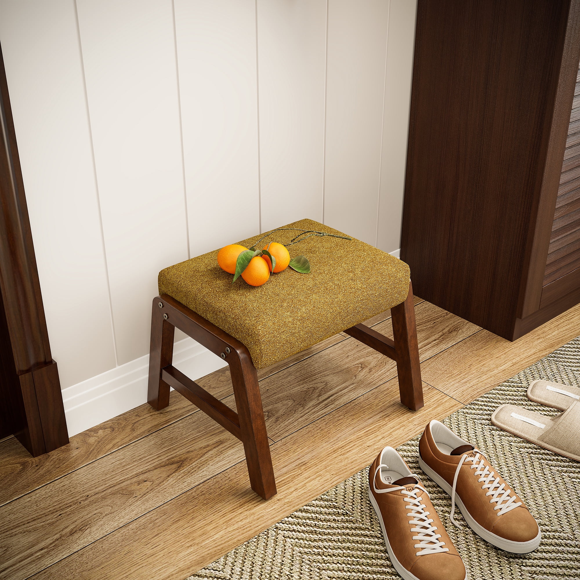 Small Footstool Ottoman, Fabric Wooden Foot Rest Ottoman with Wood Legs, Small Foot Stool Sofa Footrest Extra Seating for Living Room Entryway Office, Turmeric