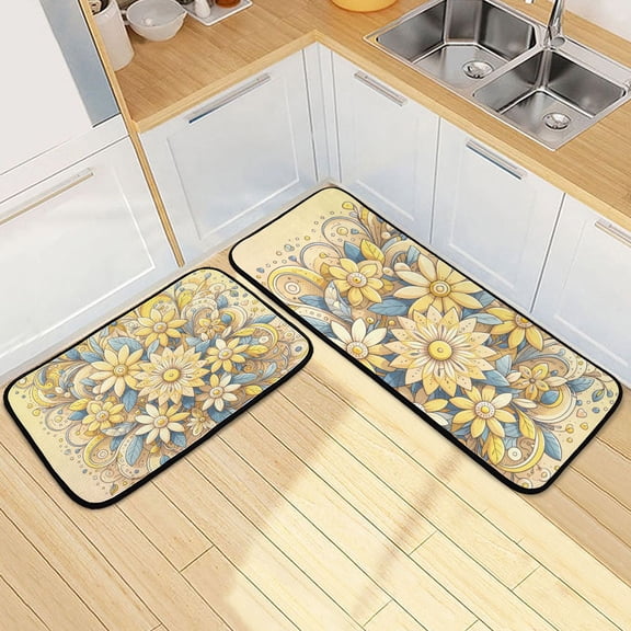 Elegant Flowers Yellow Kitchen Mats Non Slip Standing Desk Mat Runner Rug Washable Kitchen Rugs for Floor 2PCS