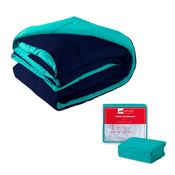Juego de Cama Atlas del Descanso Edredón C/ Funda Decorativa 2 Vistas Turquesa/ Azul Marino QS + Sabanas Turquesa