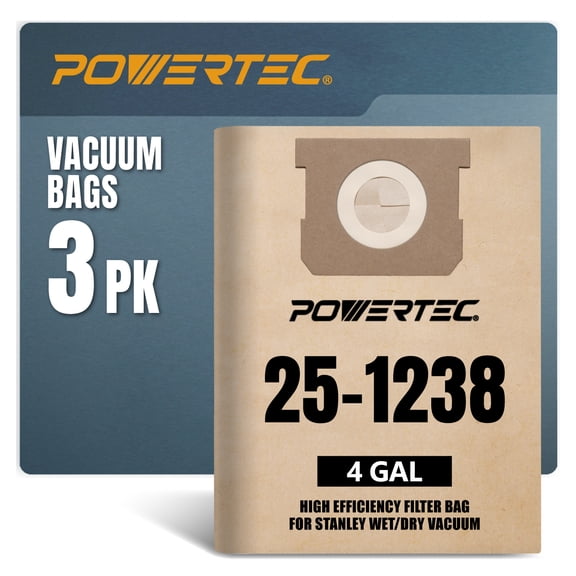 POWERTEC 3PK Stanley 25-1238/ Porter Cable PCX18301-4B, SL18301-3B 4 Gallon Vacuum Bags, Replacement Filter Bags for Stanley & Porter Cable, 75051