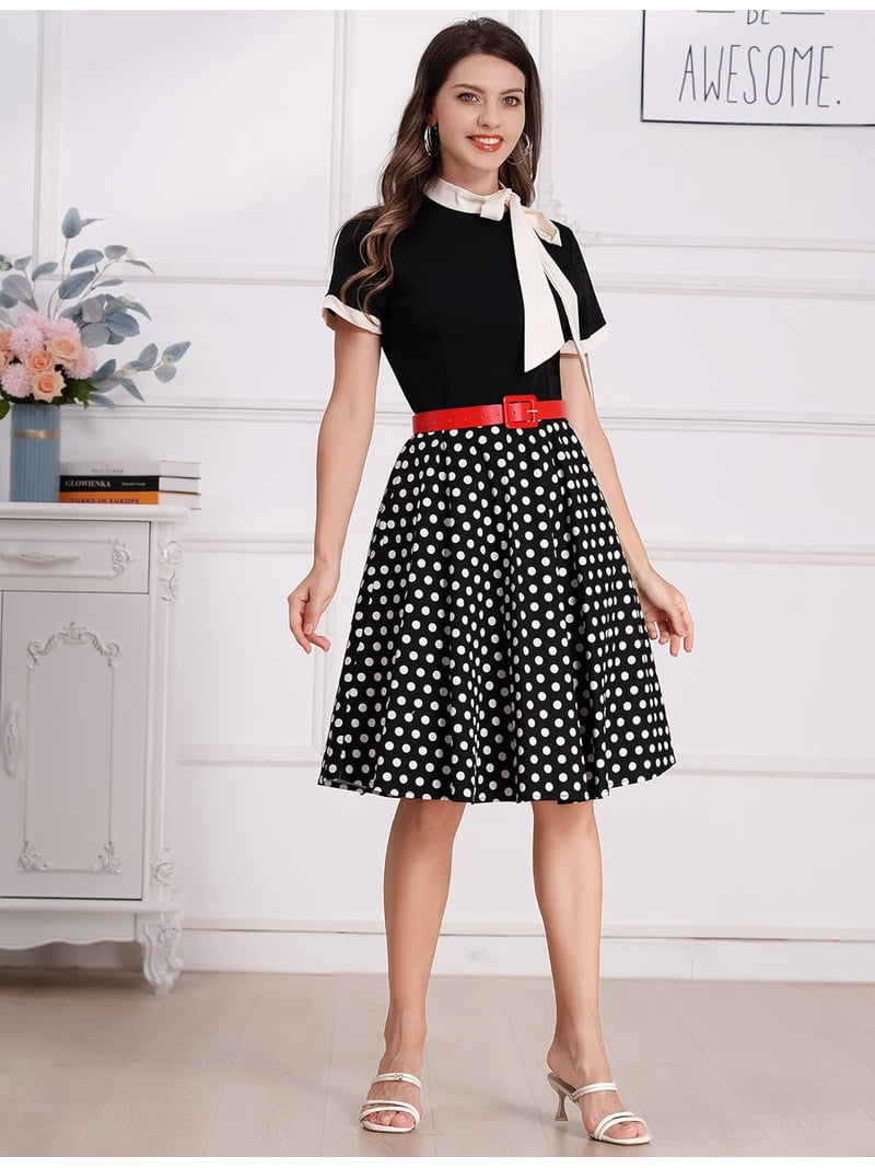 Women Elegant Tie Neck Floral Vintage Dress 1950s Retro Cocktail Prom Swing Dress Formal Party Pinup Rockabilly Dress