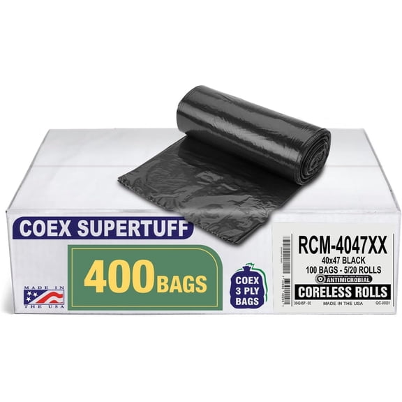 Aluf Plastics - 3 Ply Trash Bags, 45 Gallon, 1.7 Mil (eq), 40"x47", Black, 400 Count (20 Rolls of 20)