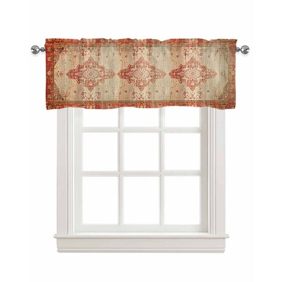 Red Beige Linen Curtain Valance for Bedroom/Bathroom/Kitchen/Office/Living/Dining Room Window,Vintage Boho Ethnic Geometric Abstract Art Rod Pocket Topper Decorative Cafe Drapes Panel 54"x18"