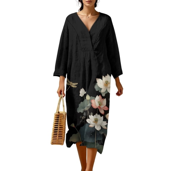 DISNIMO Dragonfly Lotus Print Women Casual Maxi Dresses V Neck Loose Dress Lightweight 3/4 Sleeve Shift Dress Fashion Fall Dresses for Women, S