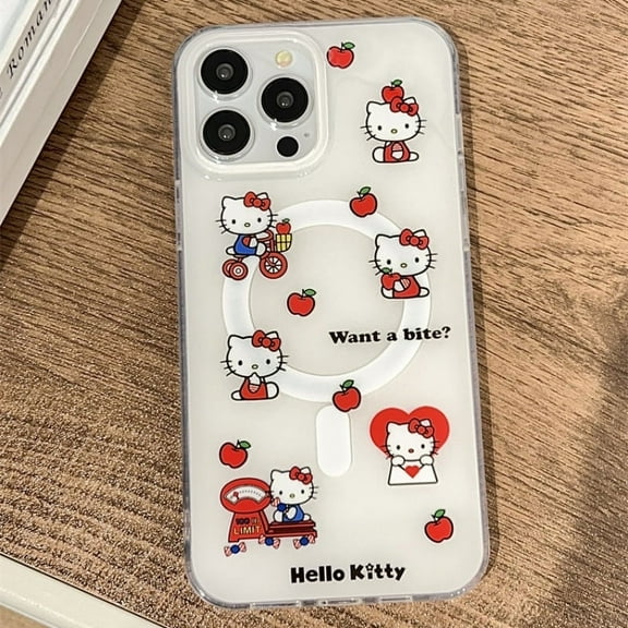Cute Sanrio Hello Kitty Magnetic Card Wallet Holder Wireless Charge Phone Case For iPhone 17 16 15 14 13 Pro Max Cover
