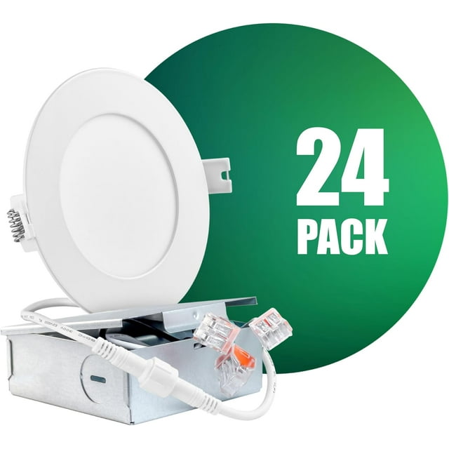 QPLUS 4Inch LED Recessed Slim Pot Light with Junction Box, 10W (=75W), 750 Lumens, Dimmable, IC Rated, ETL, Energy Star (6500K, 24 Pack)