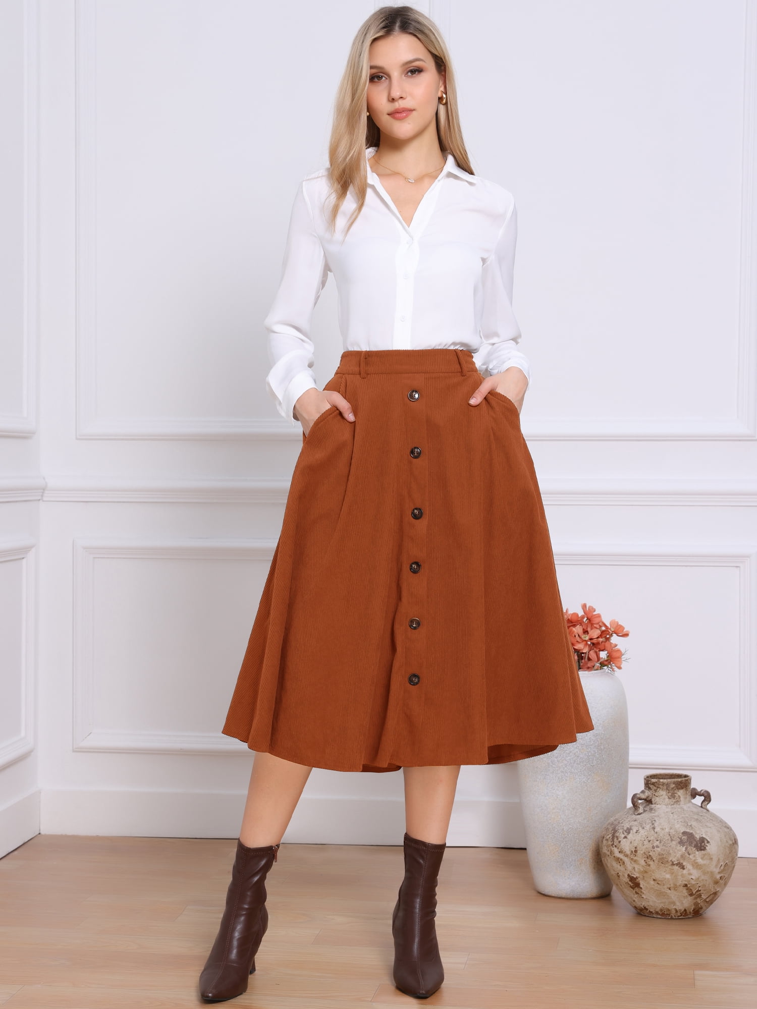 DARING DIVA Women's High Waist A Line Midi Skirts with Pockets X-Small Caramel