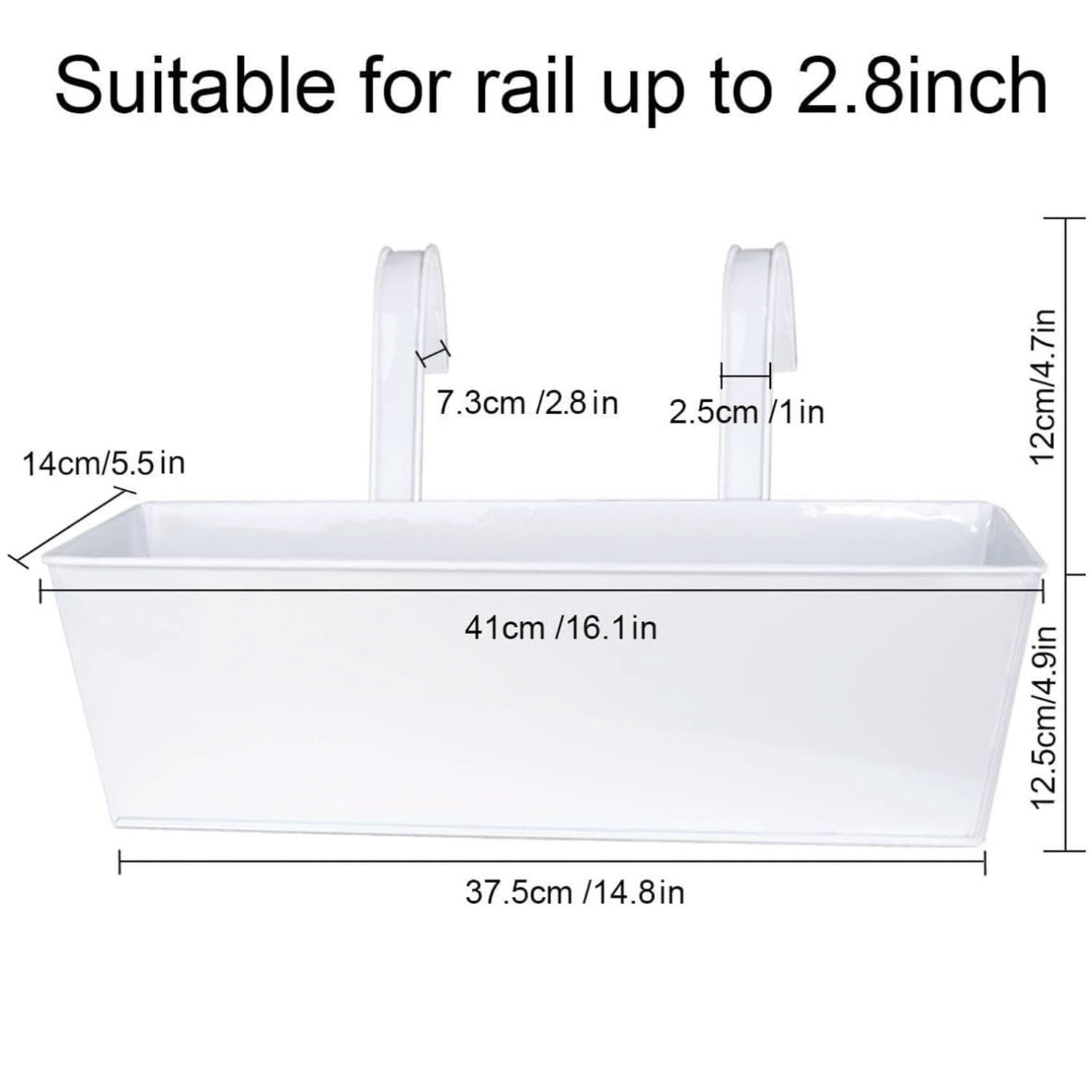 2 Pcs Outdoor Planter Box 16 inch Large Hanging Flower Pots Iron Hanging Flower Pot Railing Pots Planters Succulents Bucket Wall Mount Fence Planter for Balcony Patio Garden Home Decor，White