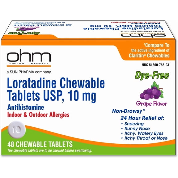 Ohm Loratadine Chewable Tablets 10mg – 48 Count | Non-Drowsy Antihistamine for Indoor & Outdoor Allergies | Grape Flavor, Dye-Free