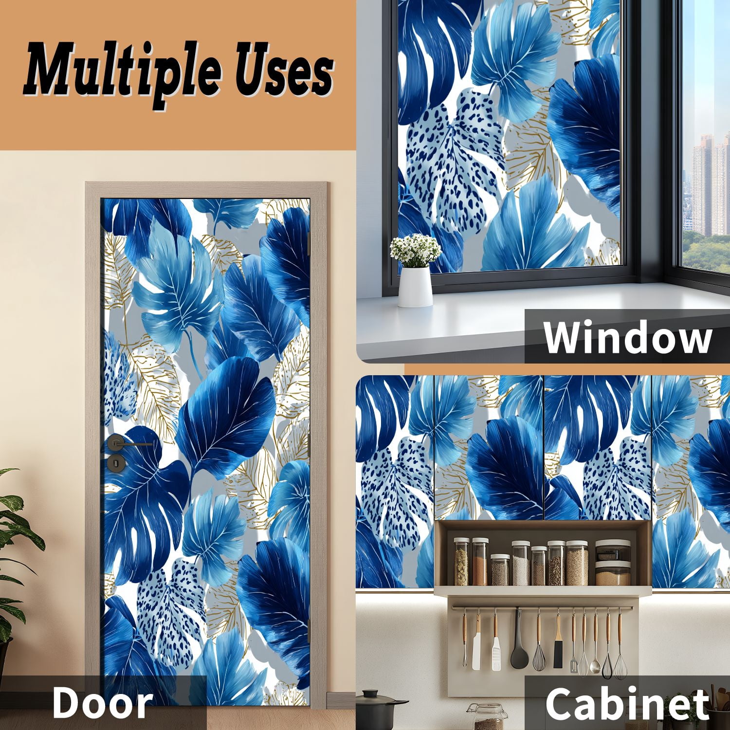 Self Adhesive Vinyl Refrigerator Wrap Set white tropical leaves gold elements blue leopard Door Mural Removable Fridge Sticker Peel and Stick&nbsp;Full Door Cover Decal Kitchen Bar Decor