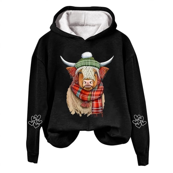 Womens Hoodies Oversized Long Sleeve Highland Cattle Print Hooded Sweatshirt Cute Long Sleeve Loose Pullover Tops Winter Y2k Clothes