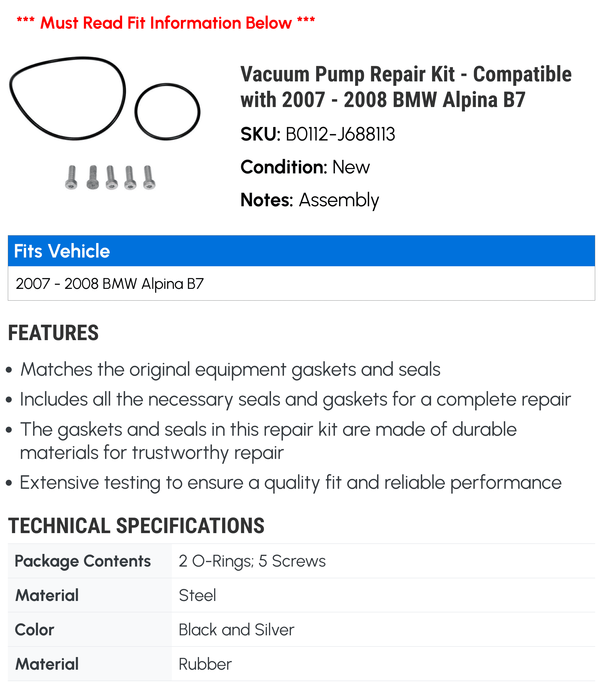 Vacuum Pump Repair Kit - Compatible with 2007 - 2008 BMW Alpina B7