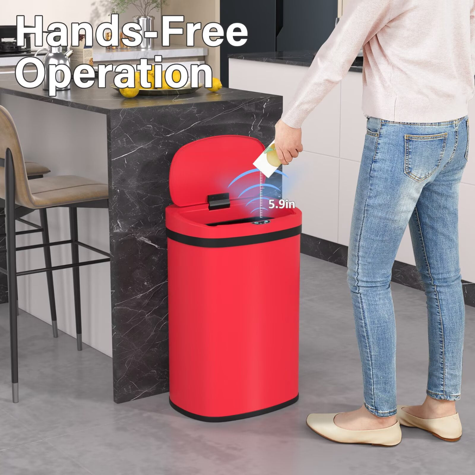 YRLLENSDAN 13 Gallon Touchless Stainless Steel Trash Can, Automatic Garbage Cans with Lid, Motion Sensor Wateproof Trash Bin for Kitchen Bedroom Bathroom Office, Red