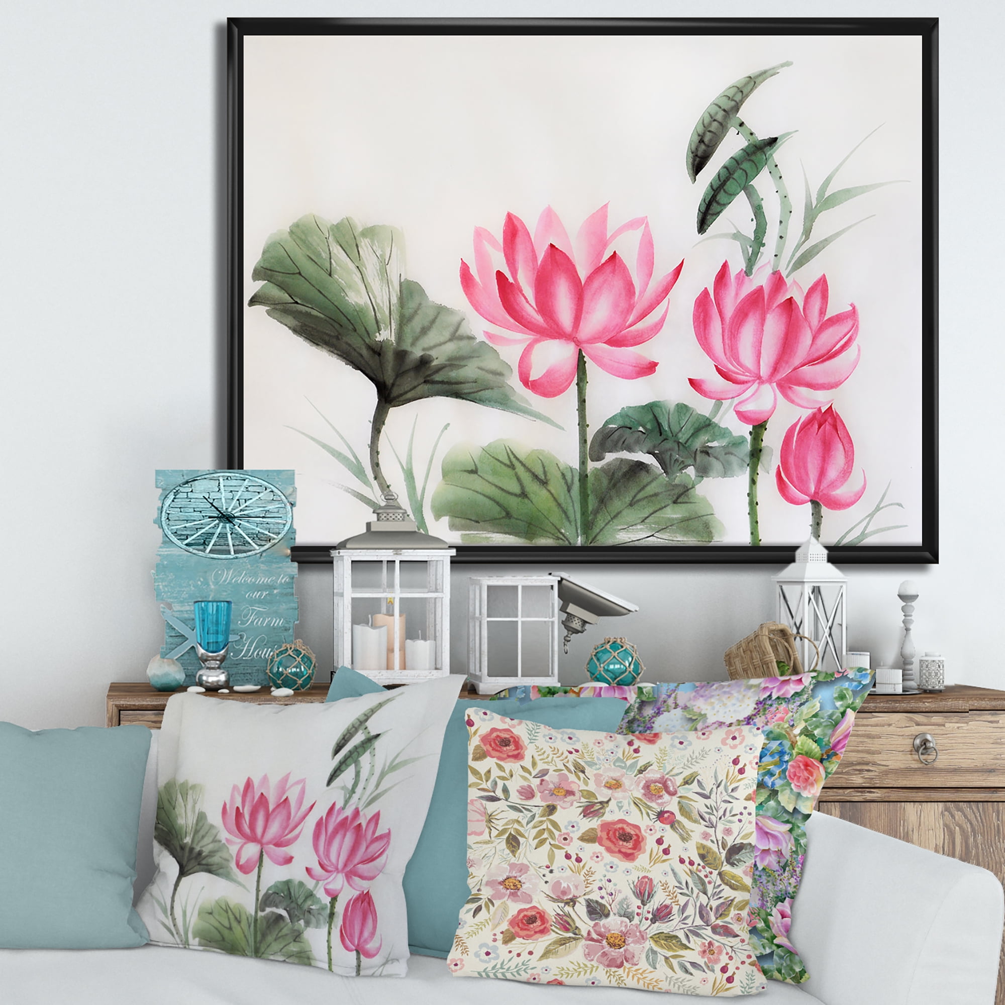 Designart 'Ancient Pink Lotuses In The Pond I' Traditional Framed Canvas Wall Art Print