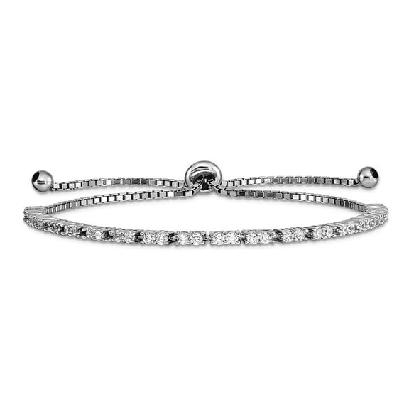 925 Sterling Silver Rhodium Plated April Cubic Zirconia Adj Bracelet 1.55mm Wide Link Bracelet for Women