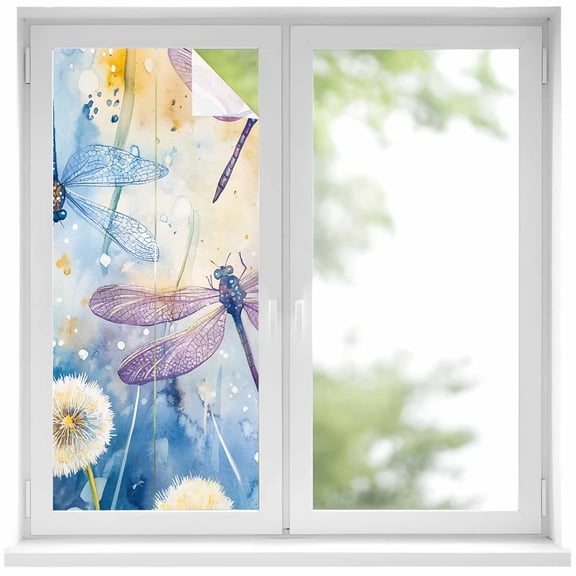 Dragonfly Flowers Window Privacy Film, Blue Purple Watercolor Spring Plant Static Cling UV Sun Blocking Heat Control Window Tint, Non-Adhesive One Way Windows Privacy Cover 17.7''x39.3''