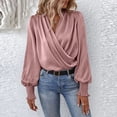 thumbnail image 6 of XFLWAM Women's Satin Silky Cowl Neck Tops Draped Wrap V Neck Ruched Front Long Sleeve Blouse Solid Color Shirt with Smocked Cuff Pink S, 6 of 7