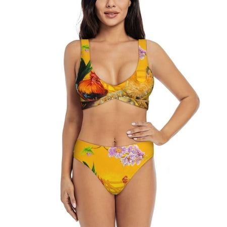 Zeuib The Chicken Family High Waisted Tummy Control Bikini Set - Knot Front Push Up Top & Cheeky Thong Bottom  Two-Piece Swimsuit for Women-Small