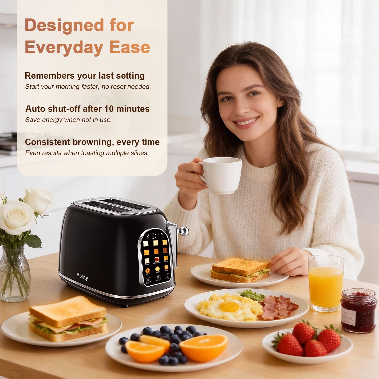 Mecity Easy Touch Screen Toaster 2 Slice – Retro Wide Slot Stainless Steel Toaster with Large Display, 6 Browning Levels, Bagel, Defrost & Reheat, Removable Crumb Tray, Black