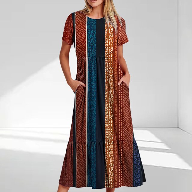 Ovzne Robes pour Femmes Robe d'Été Mode Féminine Manches Longues Col Rond T-Shirt Imprimé Blouse Ample Robe Femme Manches Courtes Imprimée Liquidation