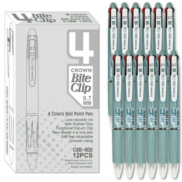 [Crown] Pince à Morsure 0,7 mm Stylos à Bille 4 Couleurs, Corps Vert Peacook, 12 Unités