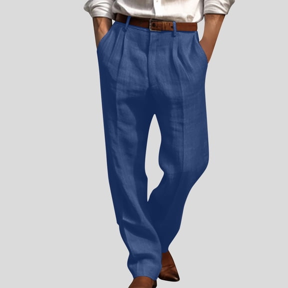 OTCEE Men's Fall Linen-Look Double Pleat Front Pocket Casual Straight Leg Solid Long Pants - Classic Trousers, Business Casual Pants