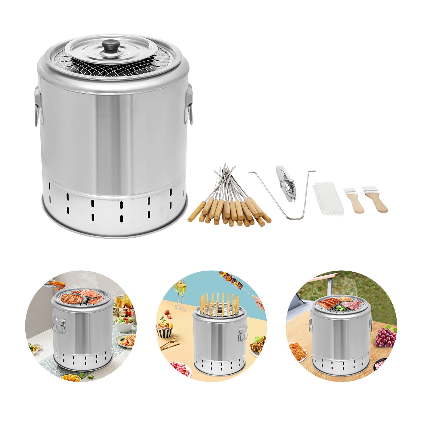 TFCFL 2 in 1 BBQ Bucket Charcoal Grill Portable Stainless Cylindrical Smokeless Barbecue Barrel