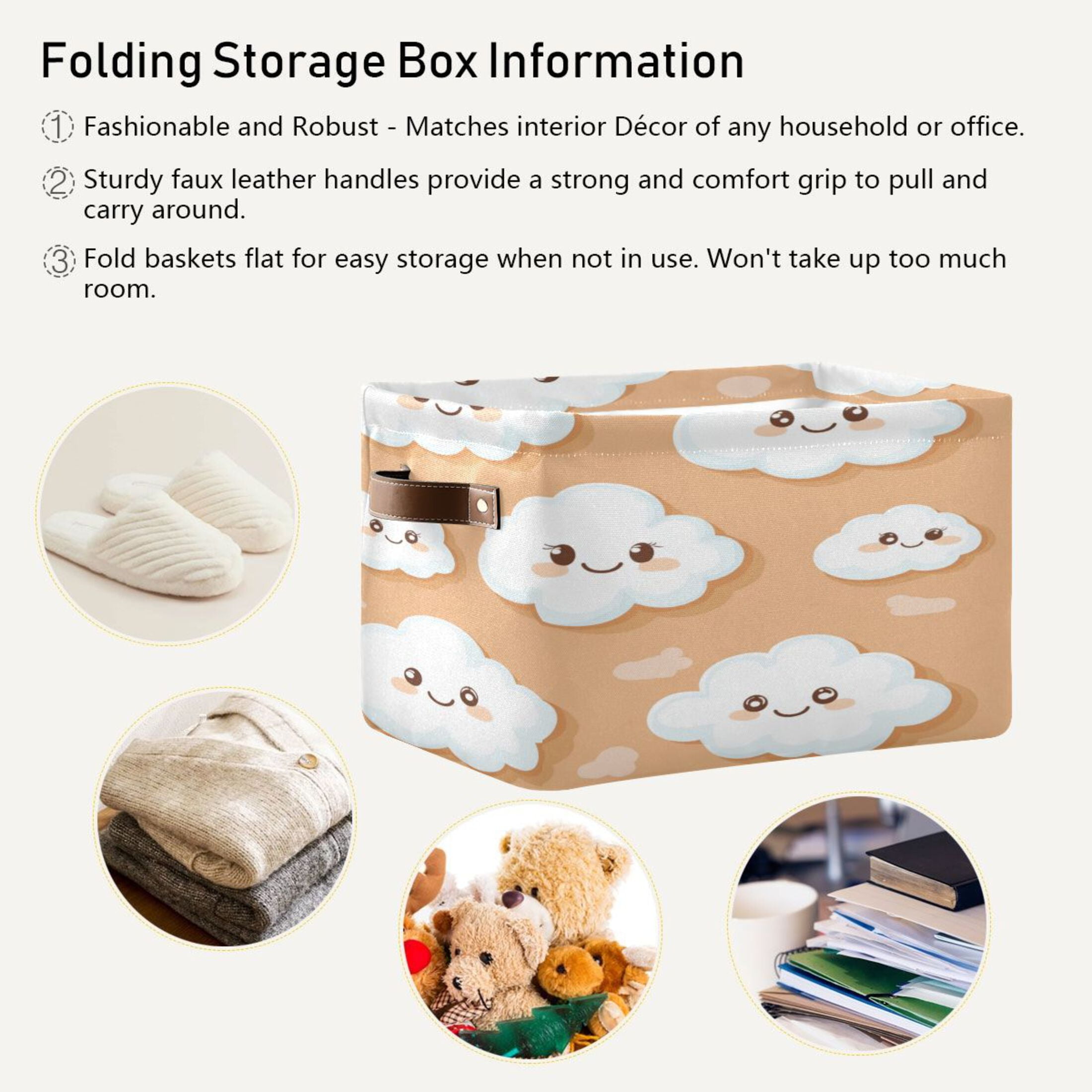 Cute White Clouds Foldable Storage Basket,Canvas Fabric Foldable Storage Bins with Handles Open Home Storage Bins Boxes for Toy Book Shelf Closet Baskets