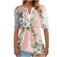 thumbnail image 2 of Wycnly Womens Tops Daisy Print Short Sleeve V-Neck Tee Shirts Summer Elegant Lace Trim Button Down Pullover Tunic Blouses Pink XXL Clothes, 2 of 5