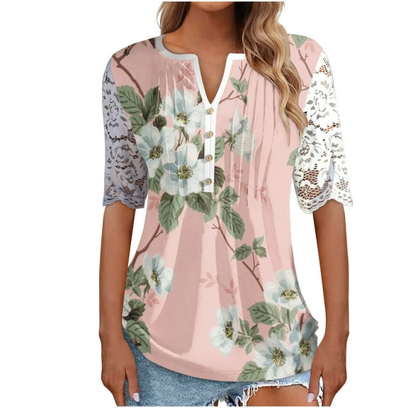 Patlollav Womens Tops Short Sleeve Floral Print Lace Mesh Splicing Pullover V-Neck Blouse